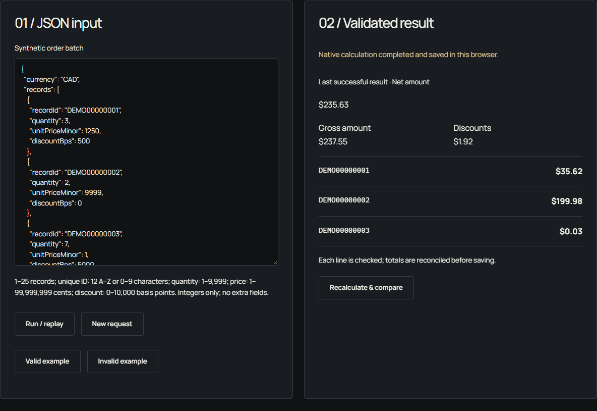 Actual native calculation: the synthetic batch returns CAD 235.63.